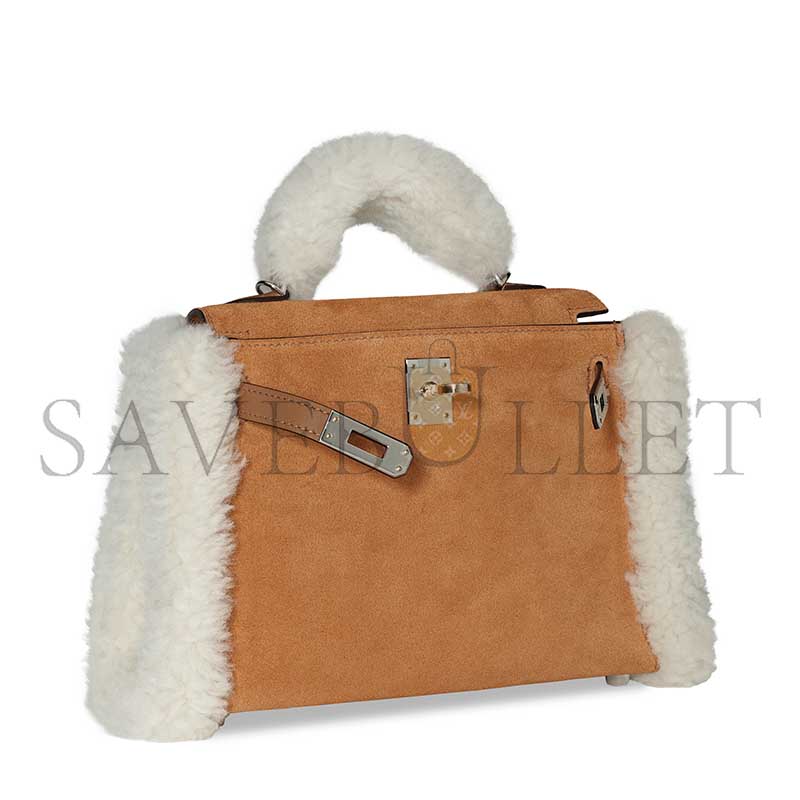 HERMÈS TEDDY KELLY 20 CHAMOIS SHEARLING AND SWIFT PALLADIUM (20*15*8cm)